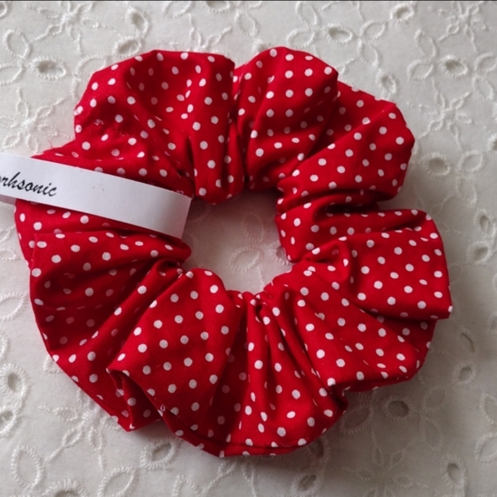 Scrunchie Extra Large Cotton Poppy Red White Dots Quality Handcrafted NEW